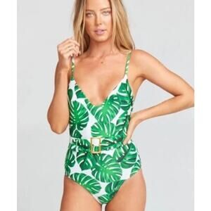 Mumu Mermaid Amalfi v-neck white green palm belted gold buckle one piece XL NWOT